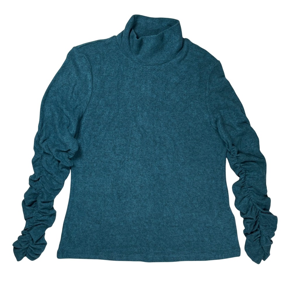 New Anthropologie Ruched Sleeve Turtleneck Top Women Large Dark Teal Cozy Soft